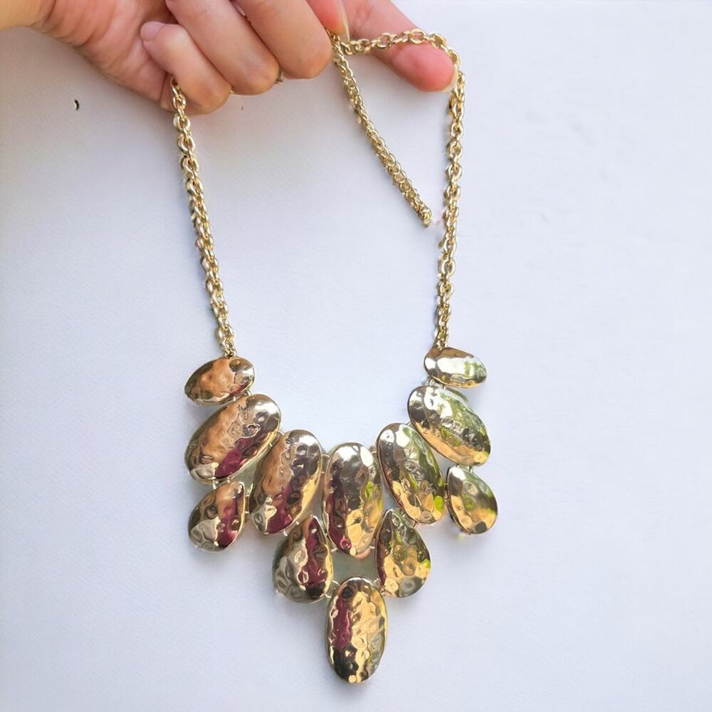 Gold Tone Hammered Chandelier Bib Statement Necklace Metal Adjustable